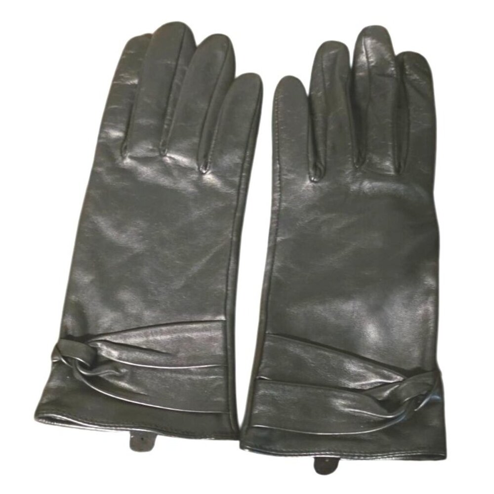 Vintage Leather Gloves Women's Black W/ Bow Detail‎ Large Classic Driving